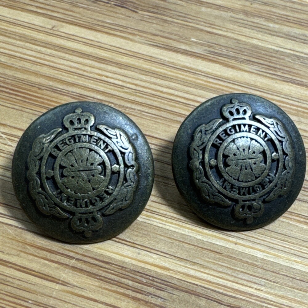 2 Vintage Regiment Crest Metal Shank Buttons Crown Heraldic Design